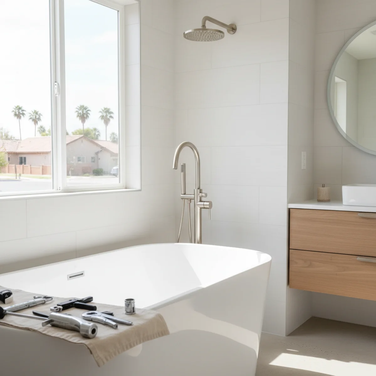 Modern bathroom renovation with new plumbing fixtures in Moreno Valley