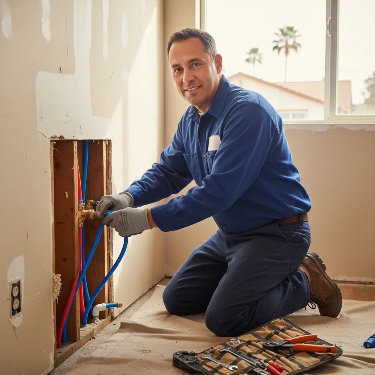Plumber installing new PEX pipe in an older Moreno Valley home