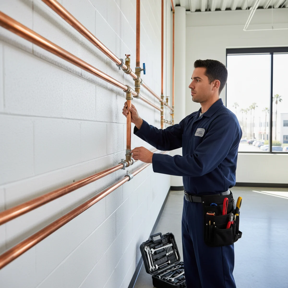 Plumber inspecting commercial pipes in a Moreno Valley business