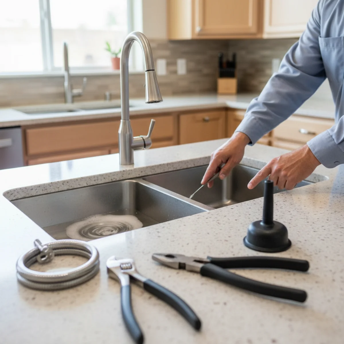 Slow-draining kitchen sink showing signs of a clog in a Moreno Valley, CA home