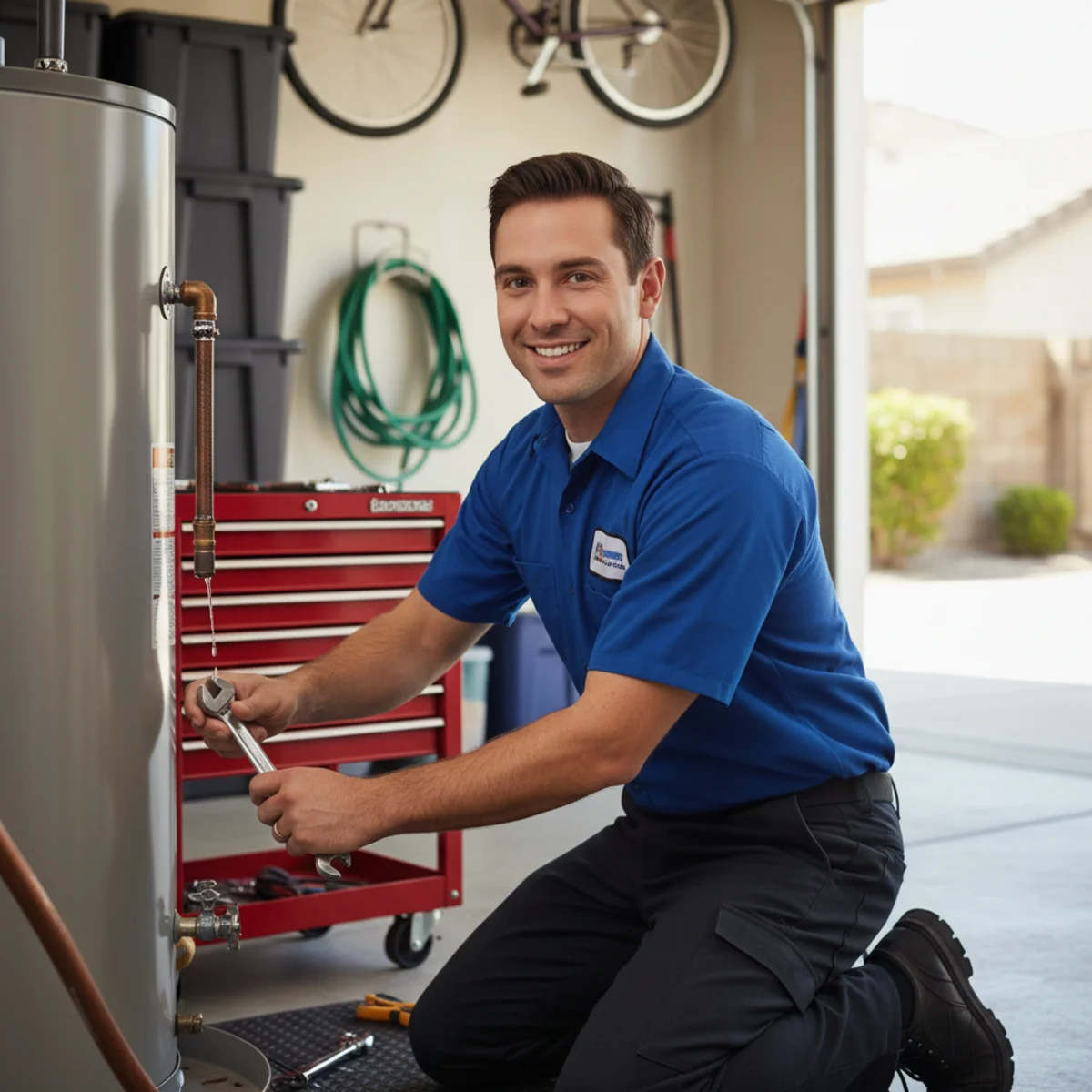 Plumber responding to a leaking water heater in a Moreno Valley garage
