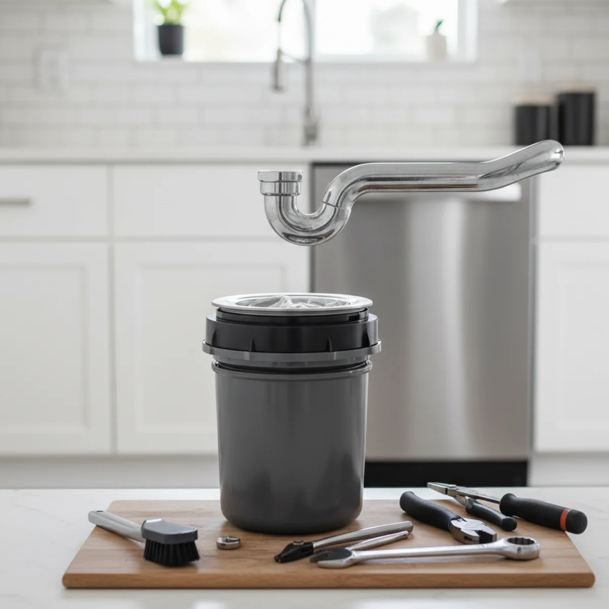 Under-sink view of a garbage disposal unit in a Moreno Valley kitchen