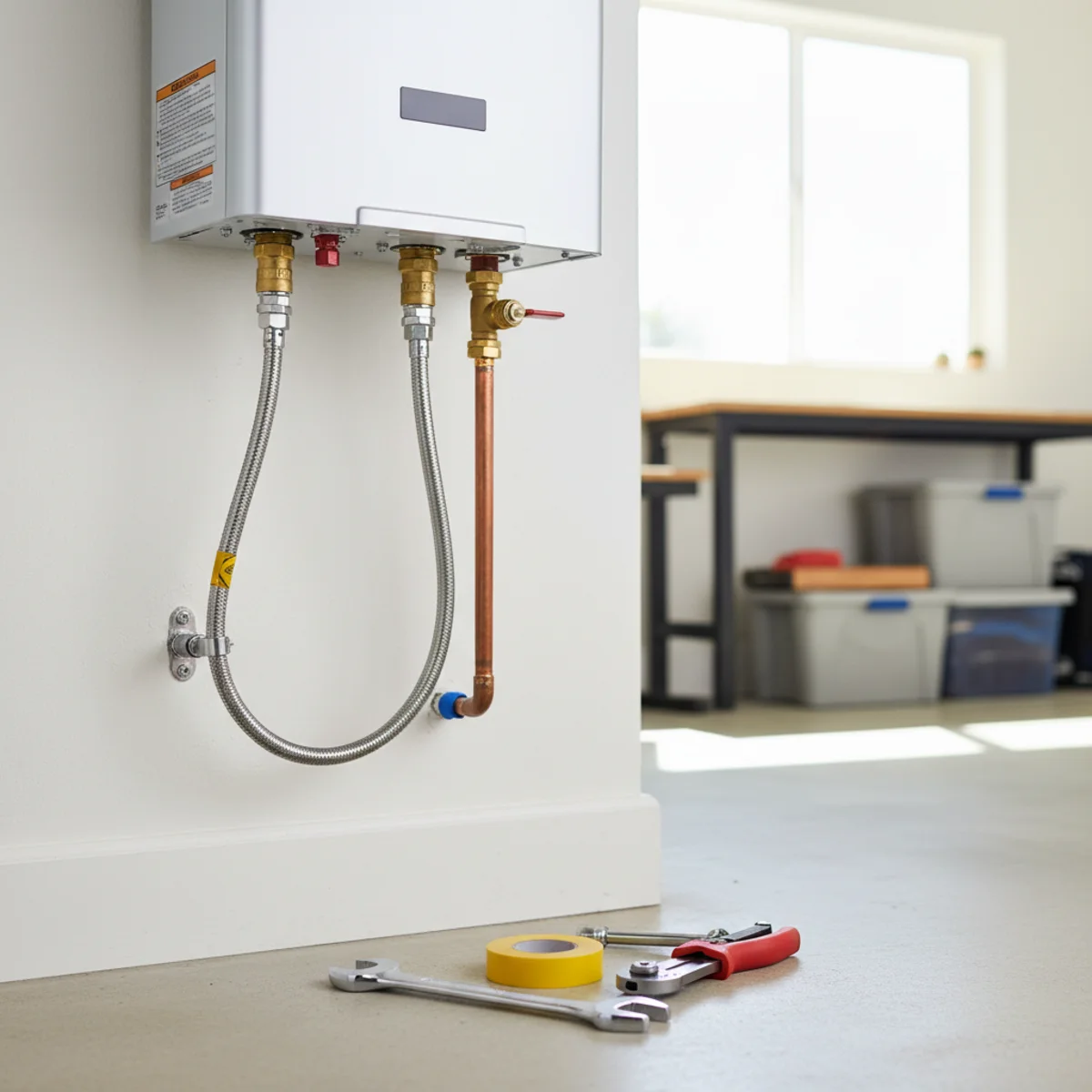 Gas line connections near a water heater in a Moreno Valley home