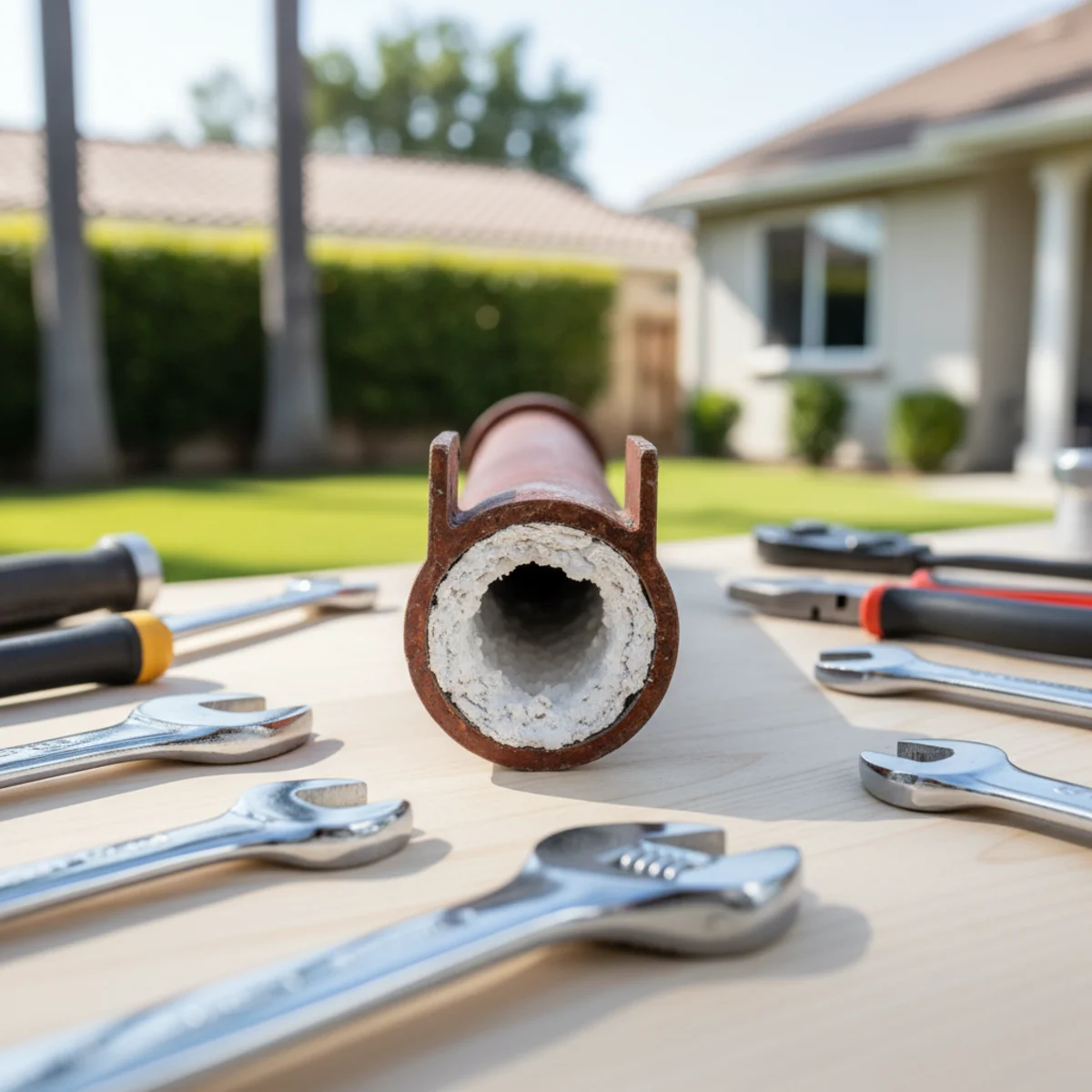 Calcium scale buildup inside a water pipe removed from a Moreno Valley home