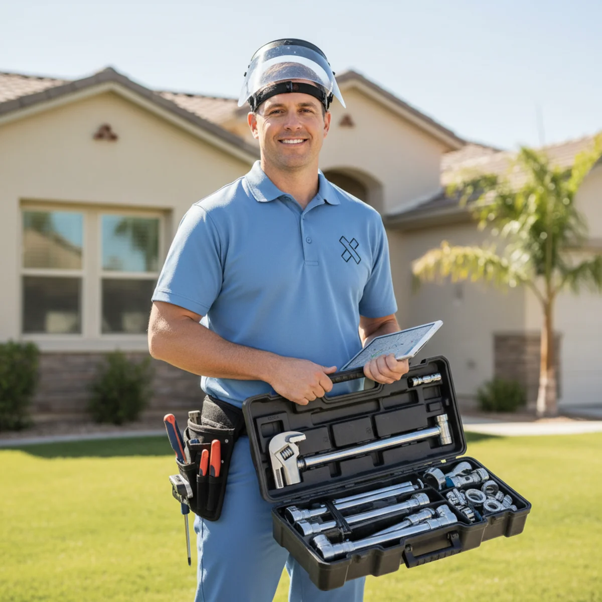 Licensed plumber arriving at a Moreno Valley home for a service call