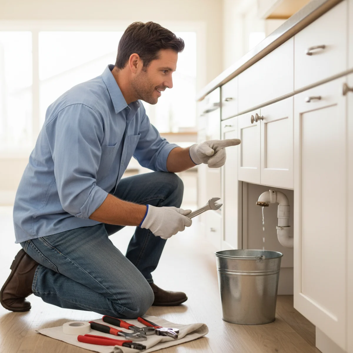 Homeowner inspecting a leaking pipe under a kitchen sink in a Moreno Valley, CA home
