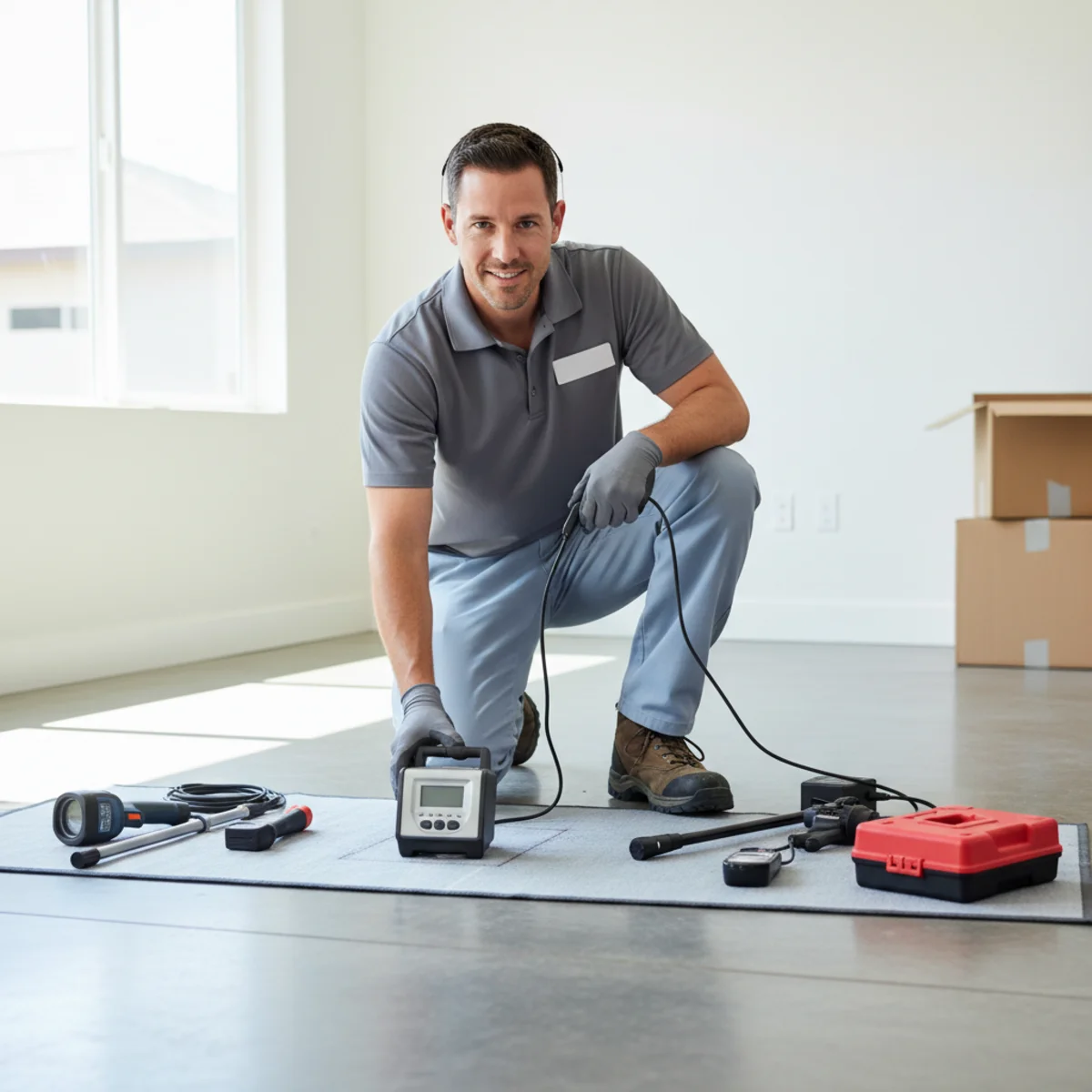 Technician performing leak detection on a concrete slab floor in Moreno Valley