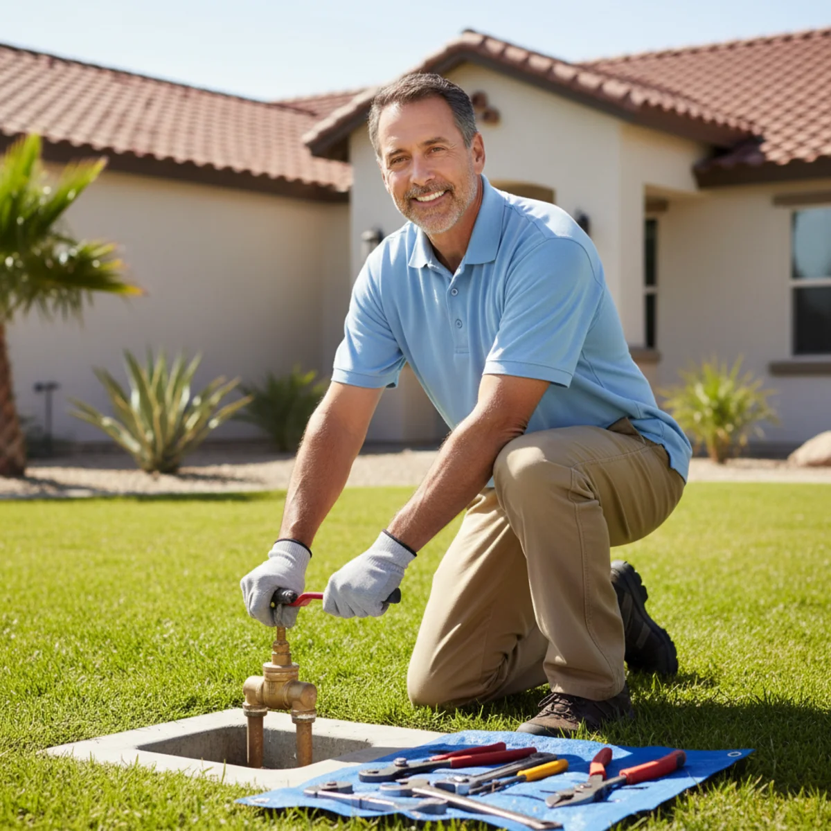 Homeowner turning off a main water shut-off valve outside a Moreno Valley home