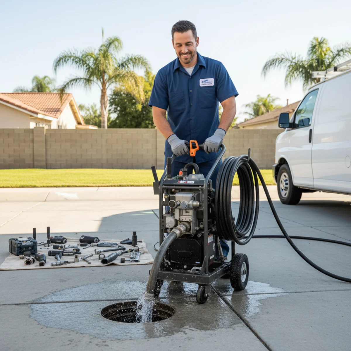 Plumber operating a hydro-jetting machine to clear a sewer line at a Moreno Valley, CA property