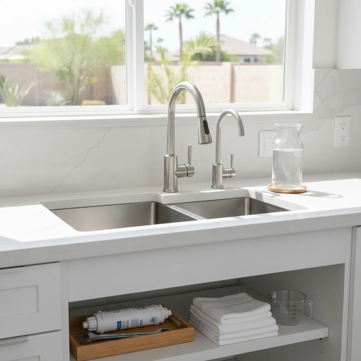 Upgraded kitchen sink with filtered water dispenser in a Moreno Valley home