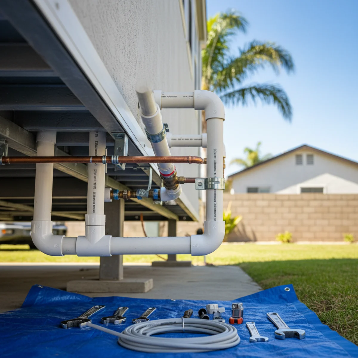 Under-carriage plumbing on a mobile home in Moreno Valley CA