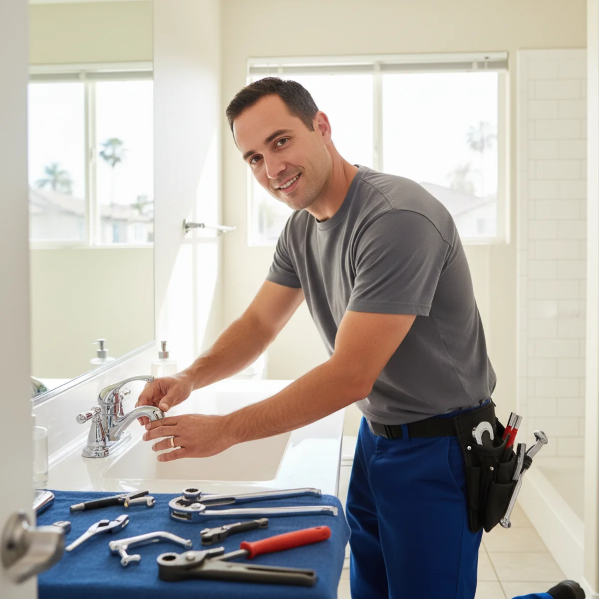 Plumber servicing a sink in a Moreno Valley rental apartment