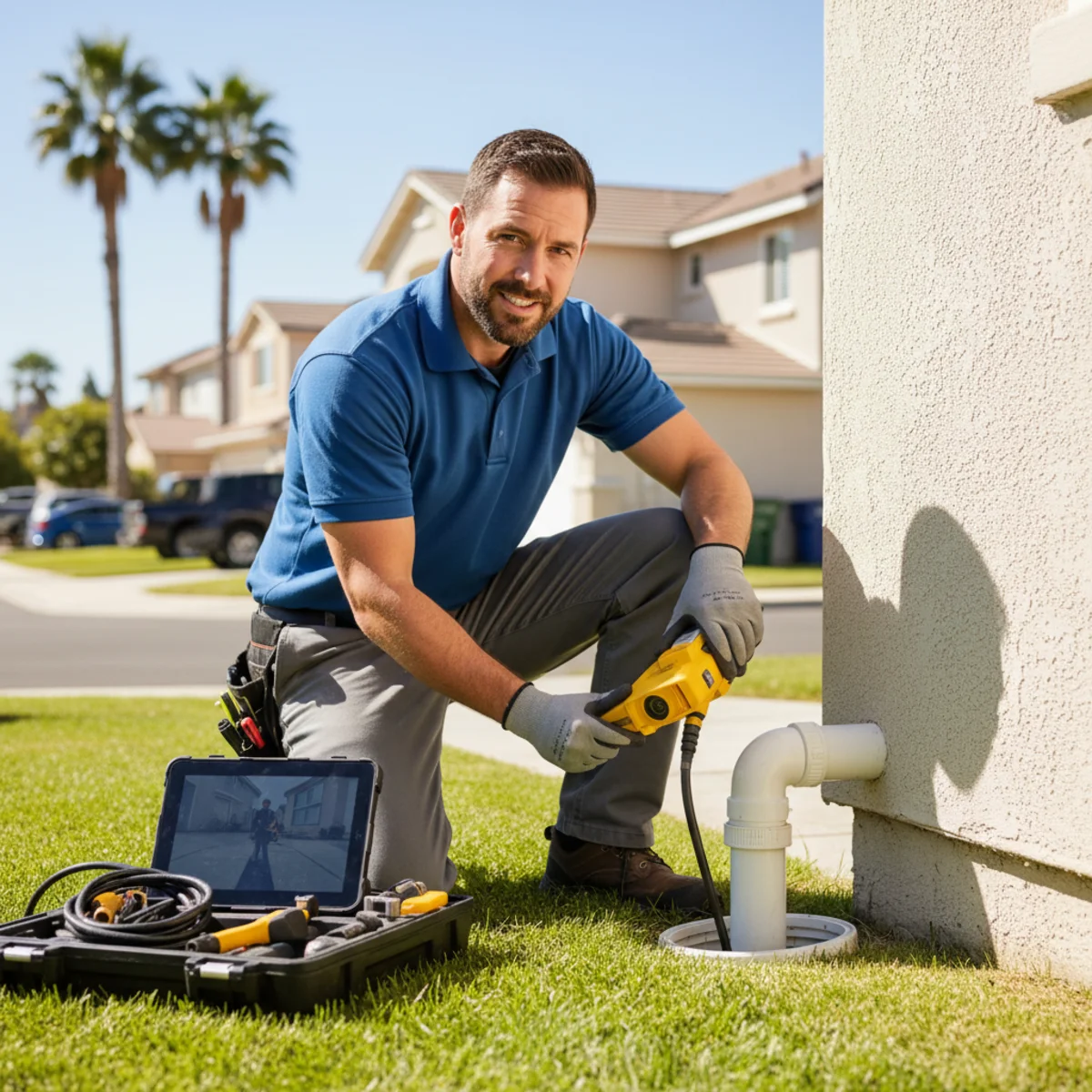 Plumber inserting a sewer camera into a clean-out access point outside a Moreno Valley, CA home
