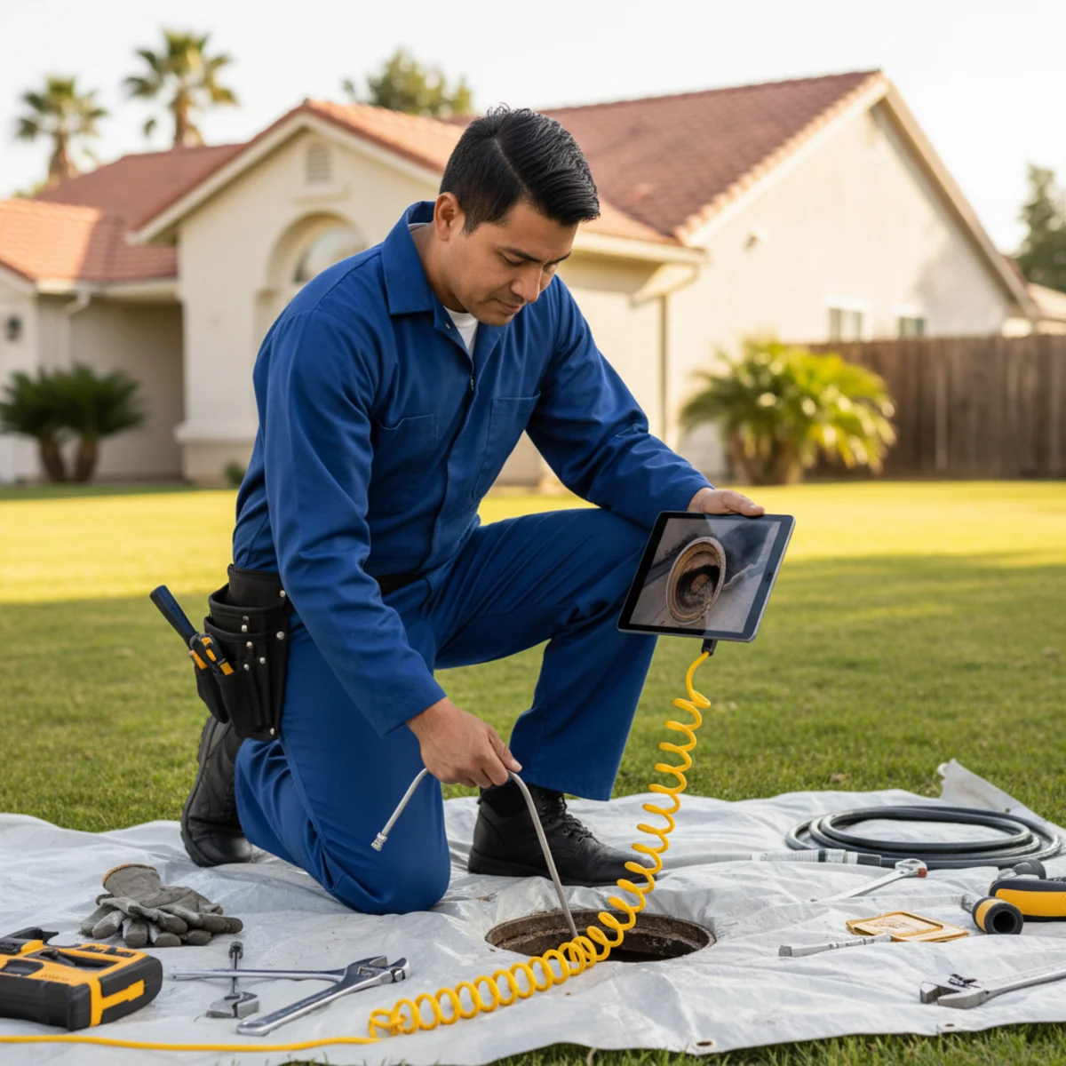 Plumber conducting a sewer camera inspection on a damaged sewer line outside a Moreno Valley, CA home
