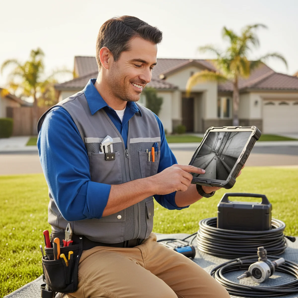 Plumber examining sewer line camera footage outside a Moreno Valley home
