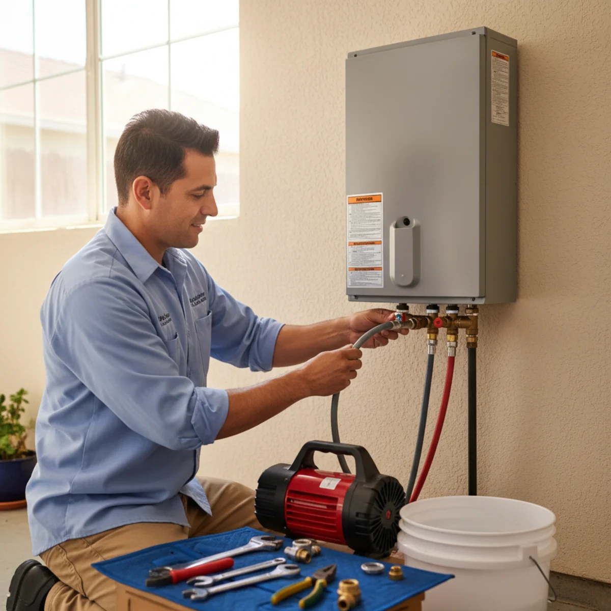 Technician performing a descaling flush on a tankless water heater in a Moreno Valley, CA home