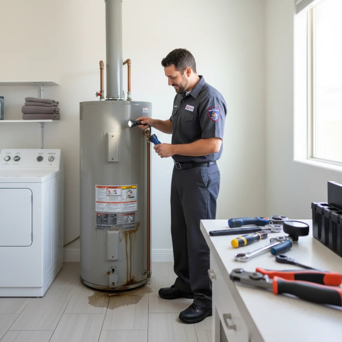 Plumber inspecting a failing tank water heater in a Moreno Valley, CA utility room