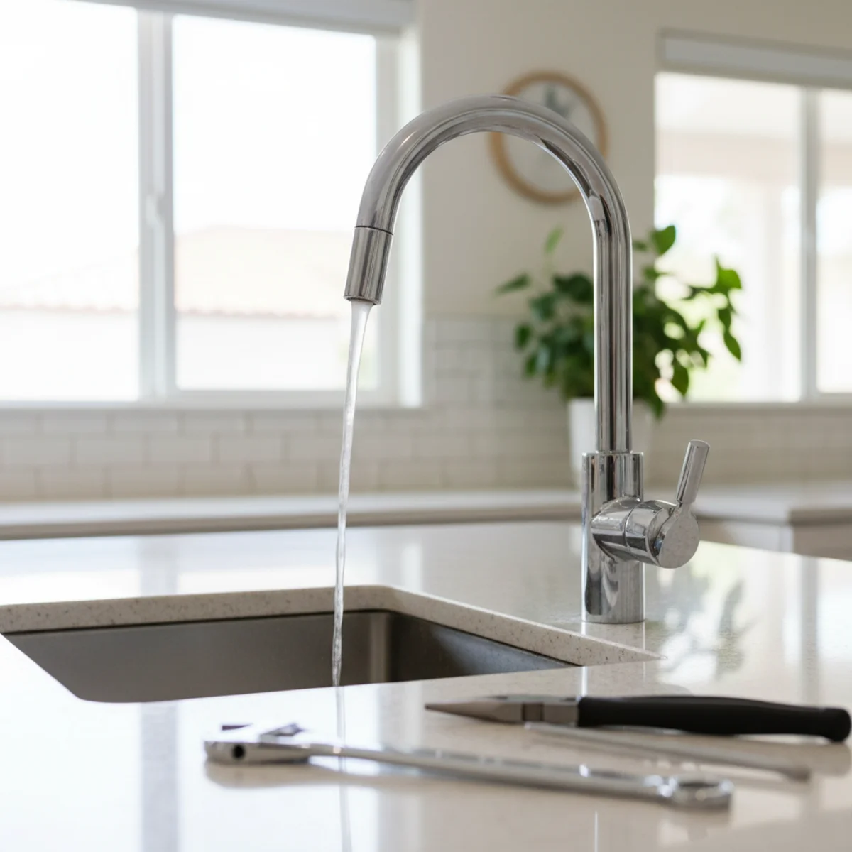 Weak water flow from a kitchen faucet showing low water pressure in a Moreno Valley, CA home
