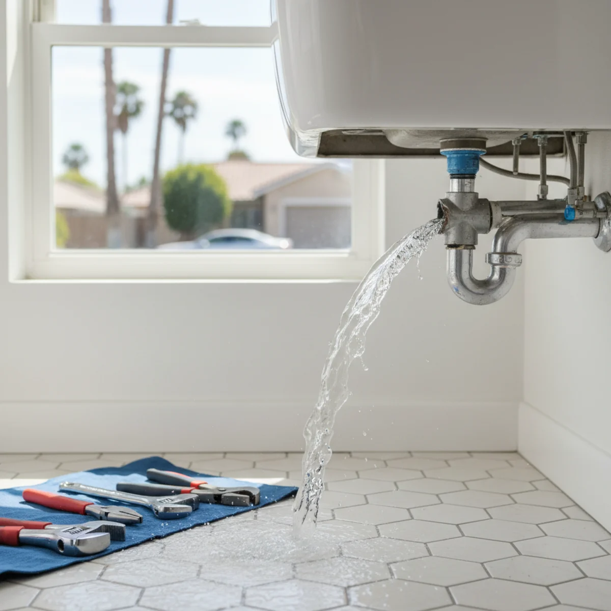 Water flooding from a burst pipe under a sink in a Moreno Valley, CA home