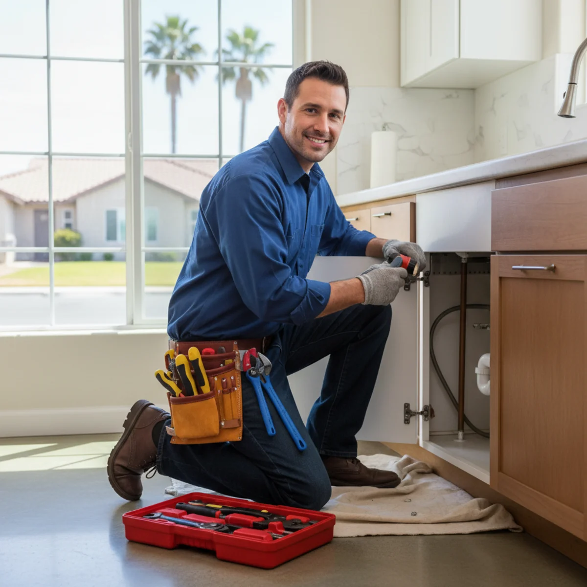 Plumber conducting a plumbing inspection in a Moreno Valley home