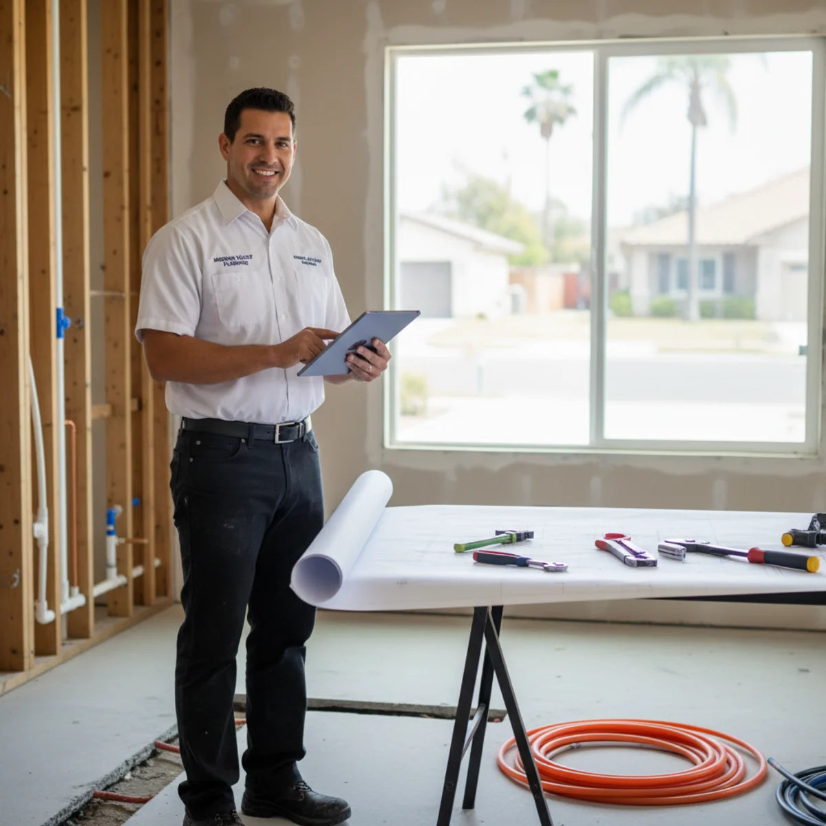 Plumber reviewing repipe plan for a Moreno Valley slab home