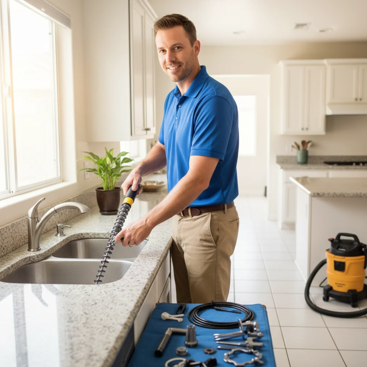 Plumber performing professional drain cleaning service at a Moreno Valley, CA home