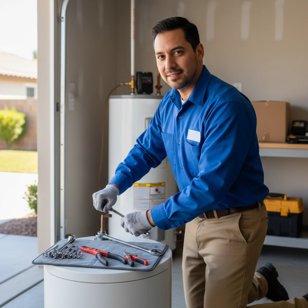 Technician replacing an element during an electric water heater repair in Moreno Valley, CA