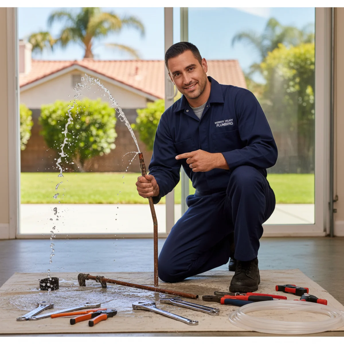 Plumber repairing a burst pipe during an emergency leak repair call in Moreno Valley, CA