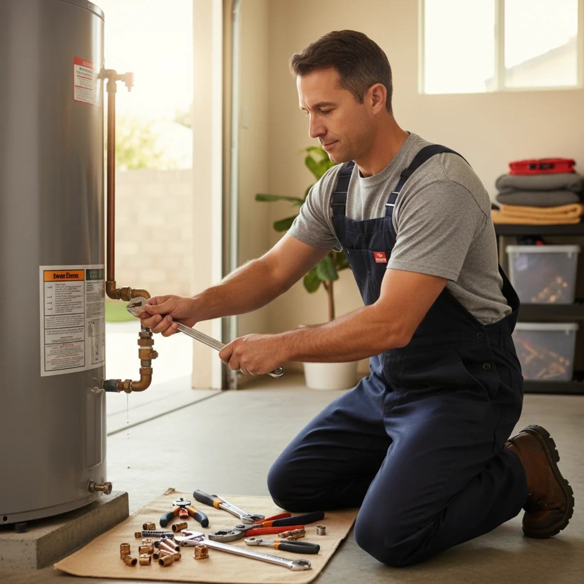 Plumber repairing a leaking water heater during an emergency water heater repair visit in Moreno Valley, CA