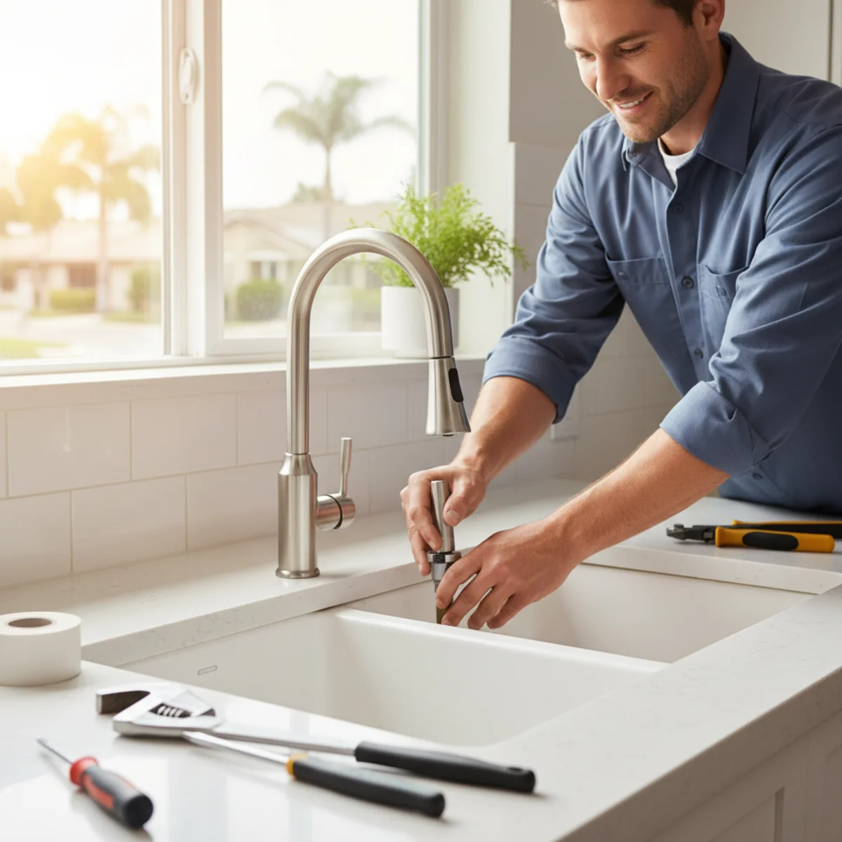 New faucet being installed in a Moreno Valley, CA kitchen sink