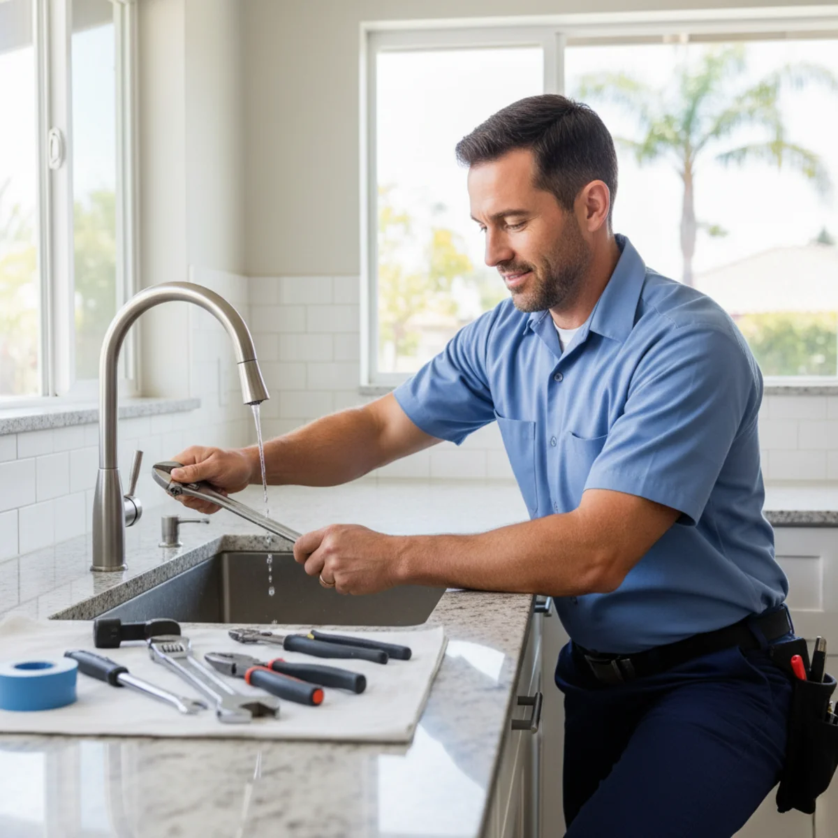Plumber repairing a dripping faucet in Moreno Valley, CA