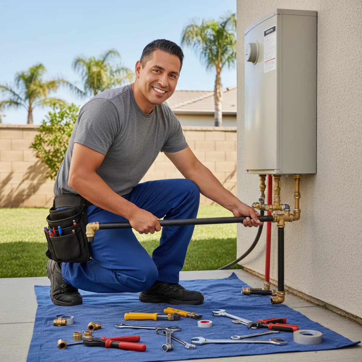 Plumber installing new gas line in Moreno Valley, CA