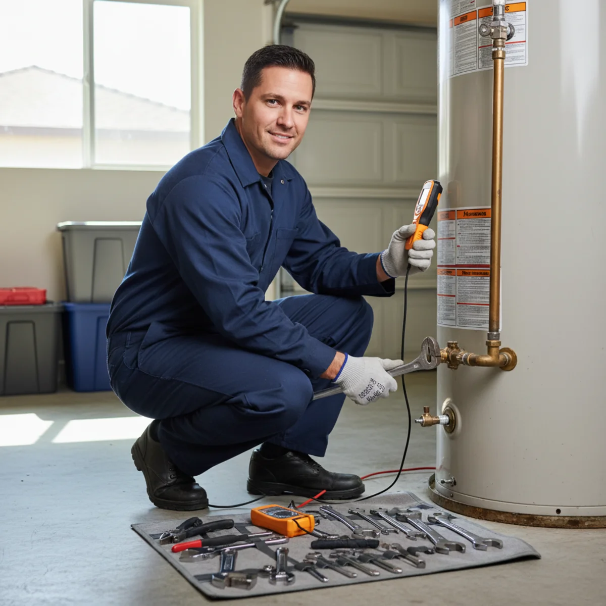 Licensed plumber repairing a gas water heater in a Moreno Valley, CA home