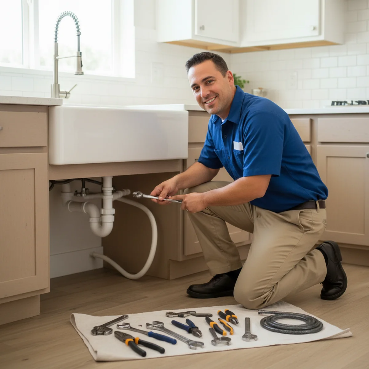Licensed plumber working on kitchen plumbing in a Moreno Valley, CA home