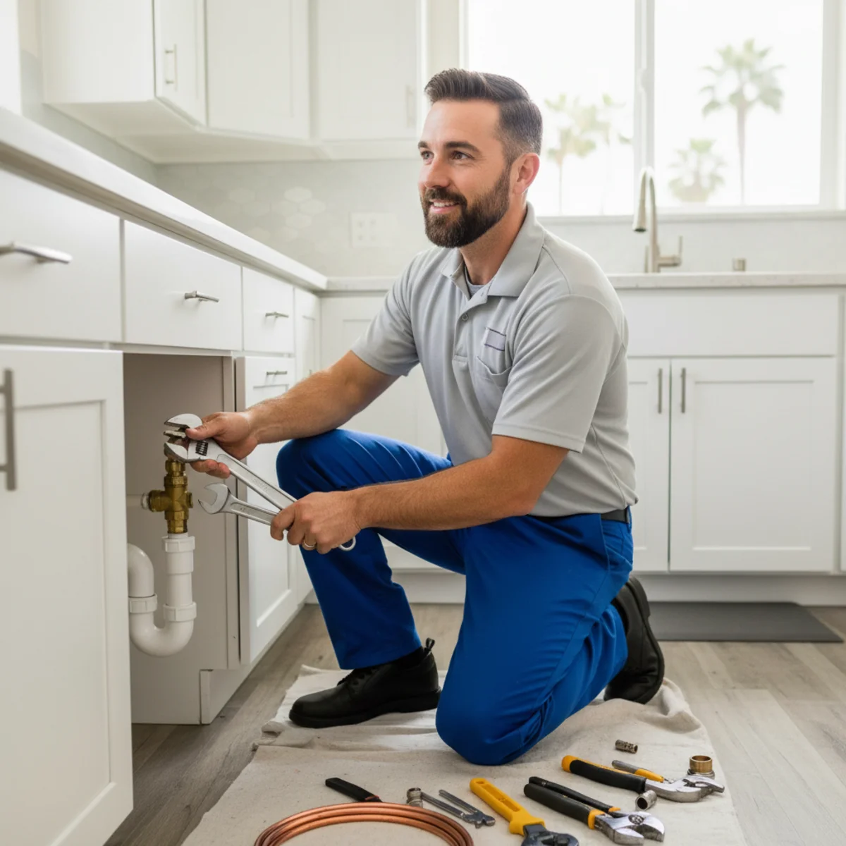 Plumber performing a pipe repair in Moreno Valley, CA