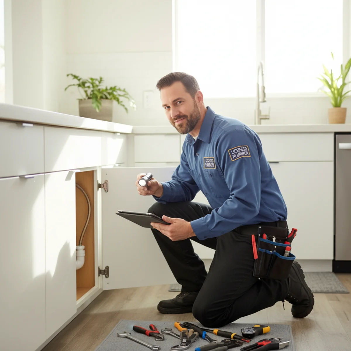Licensed plumber conducting plumbing inspection in Moreno Valley, CA home
