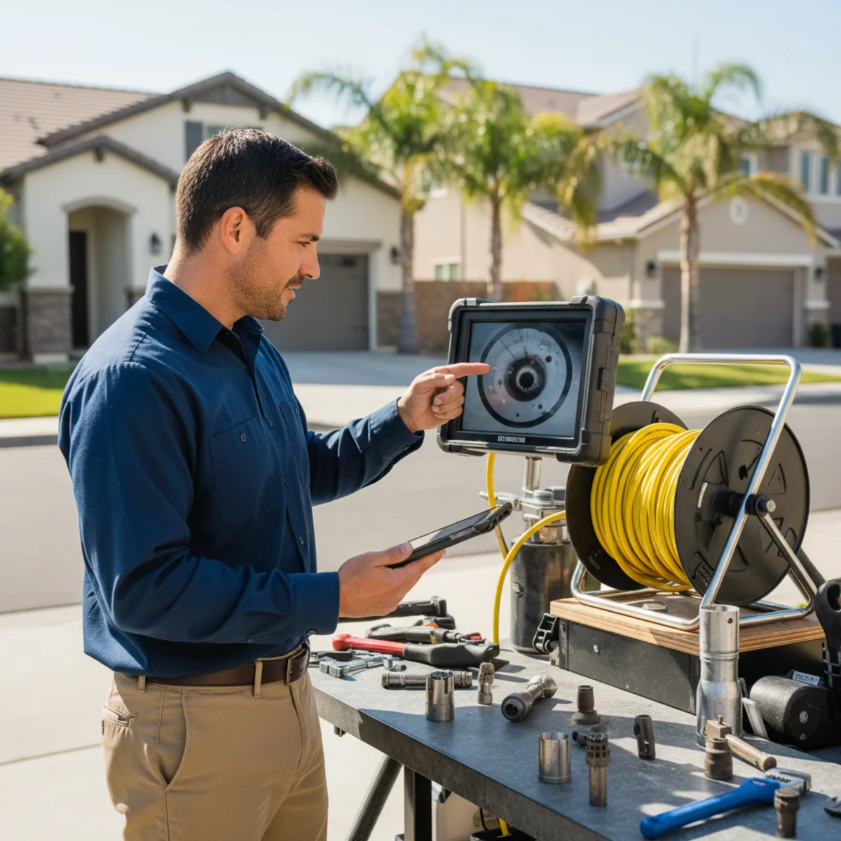 Technician reviewing sewer camera footage on a monitor during a sewer camera inspection in Moreno Valley, CA
