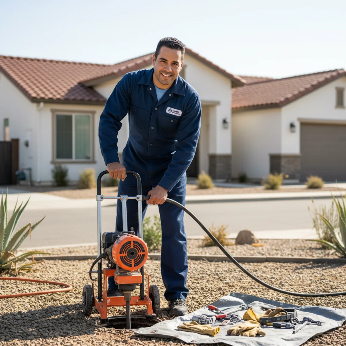 Plumbing technician operating sewer cleaning equipment at a lateral cleanout in Moreno Valley, CA
