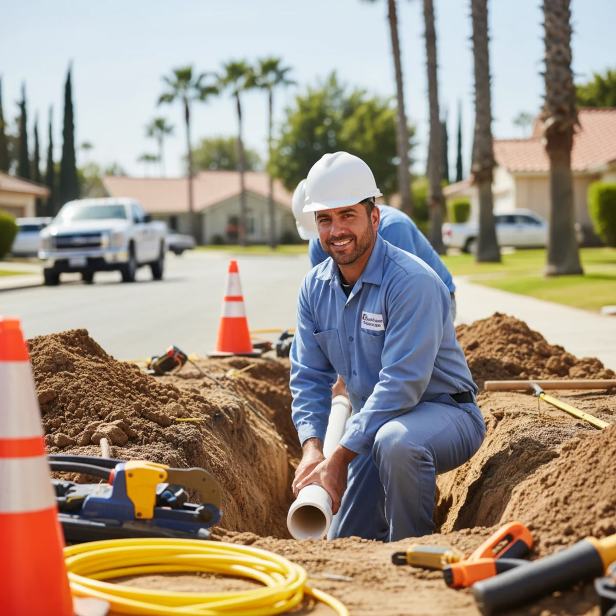 Excavation crew replacing a full sewer lateral with new PVC pipe at a Moreno Valley, CA property