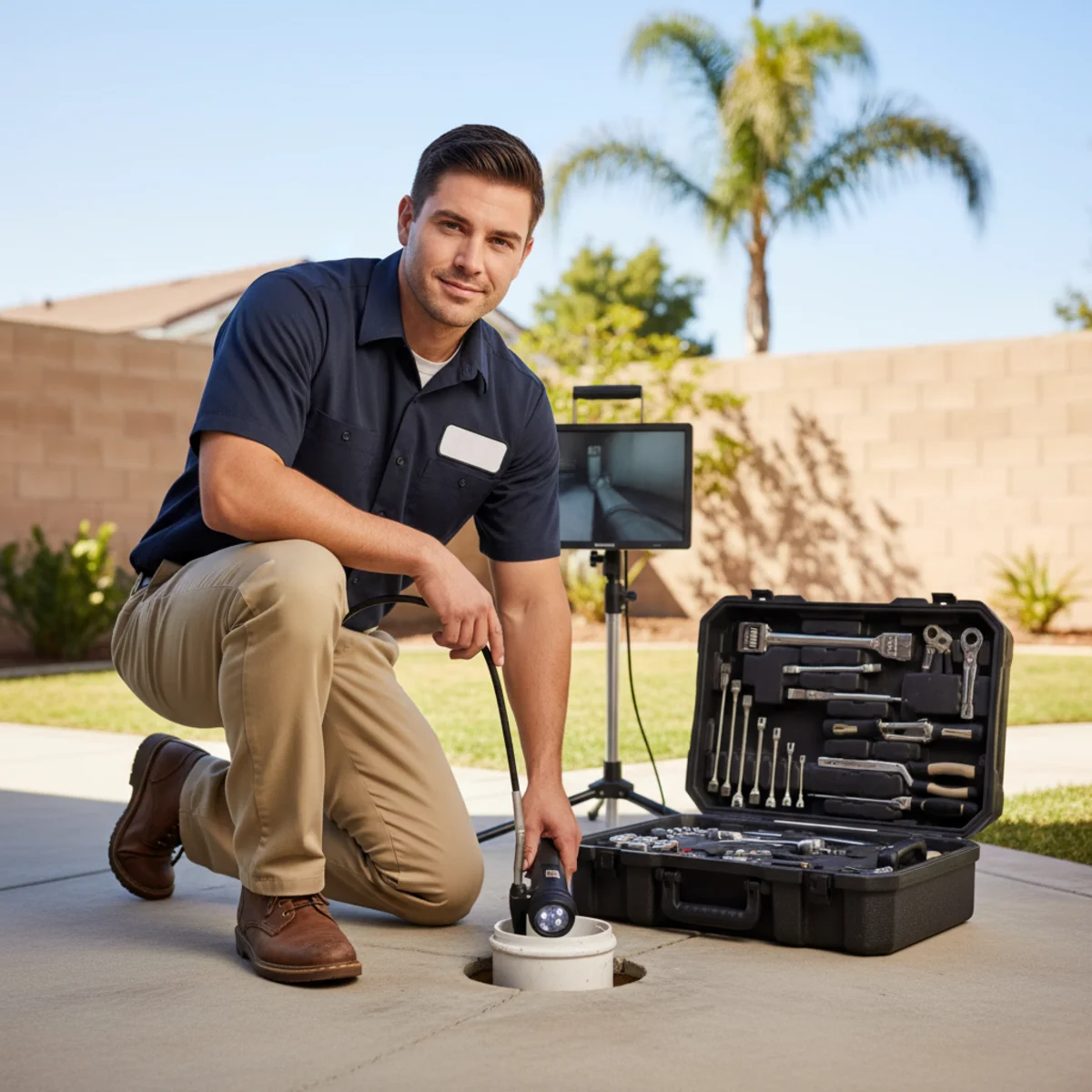 Plumber inserting sewer scope camera into cleanout for a sewer scope inspection at a Moreno Valley, CA property