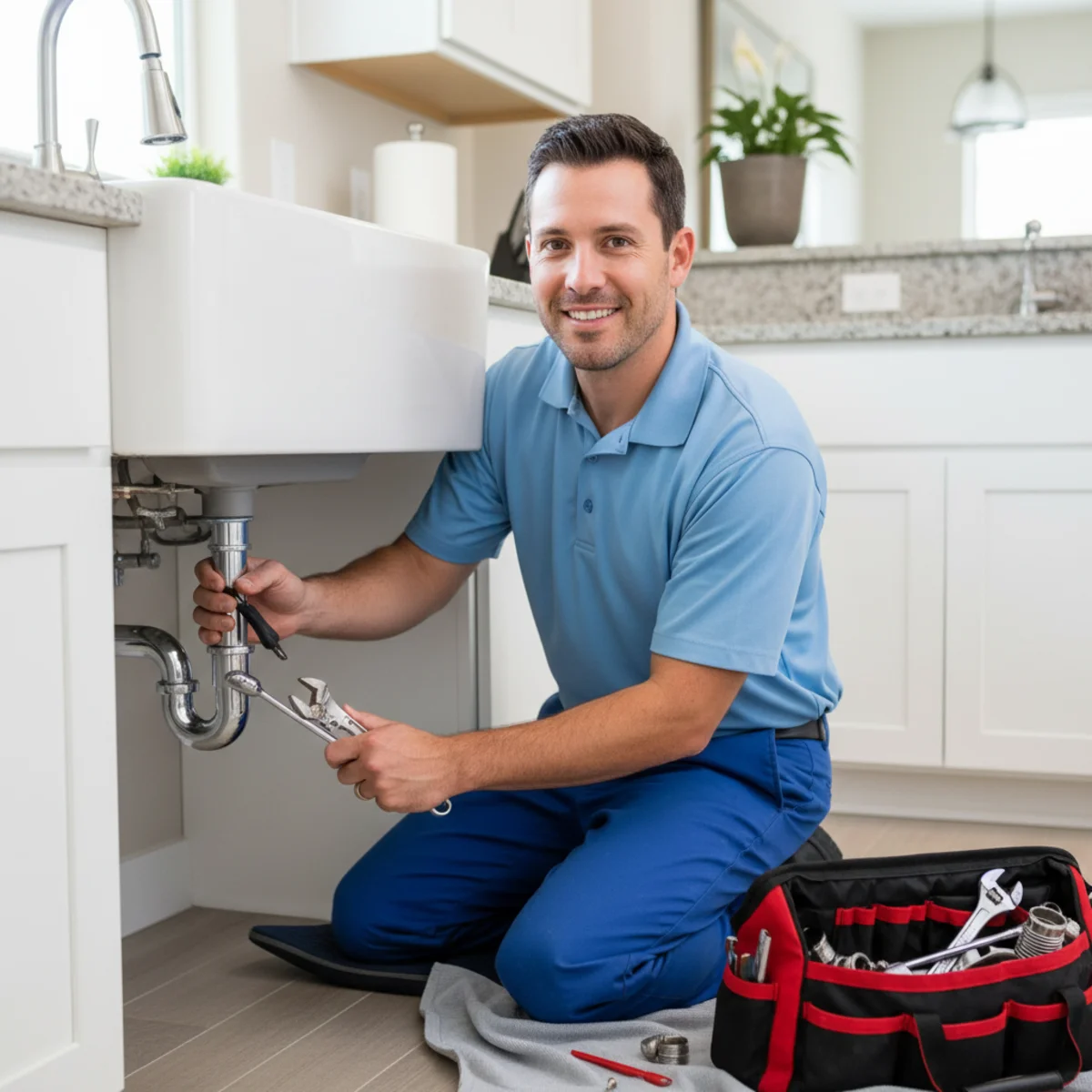 Plumber repairing a sink drain in a Moreno Valley, CA home