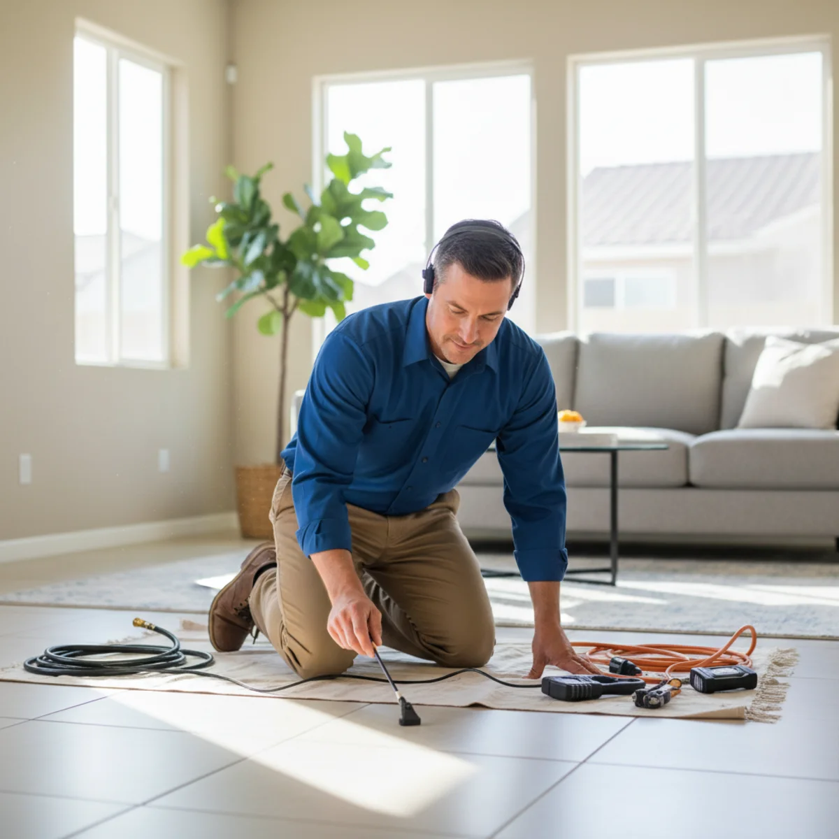 Technician performing slab leak detection in a Moreno Valley, CA home
