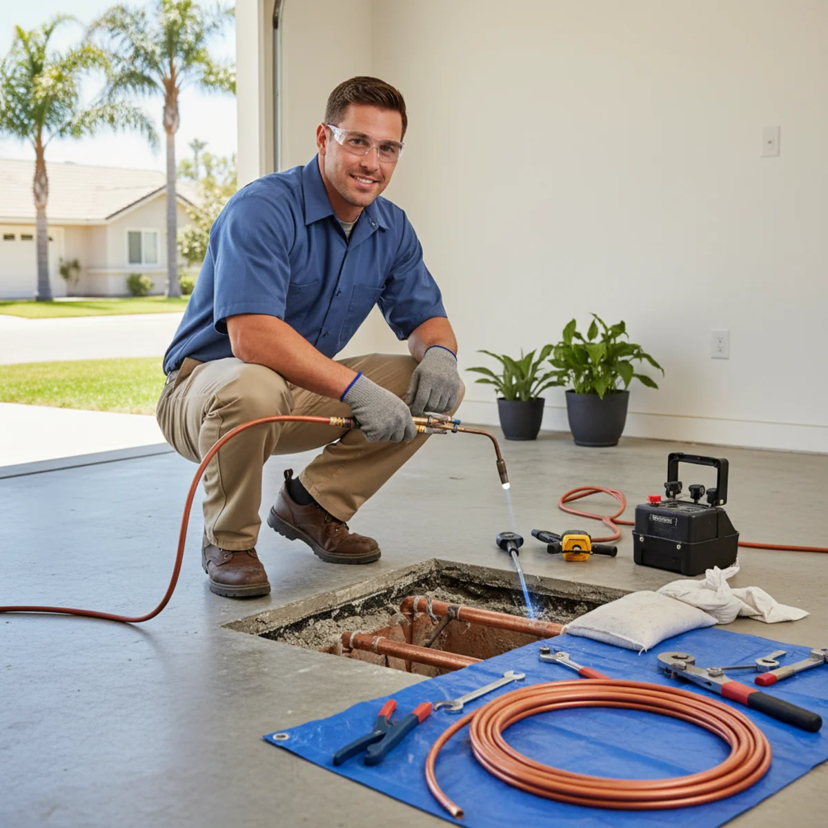 Plumber repairing a slab leak beneath a concrete floor in Moreno Valley, CA
