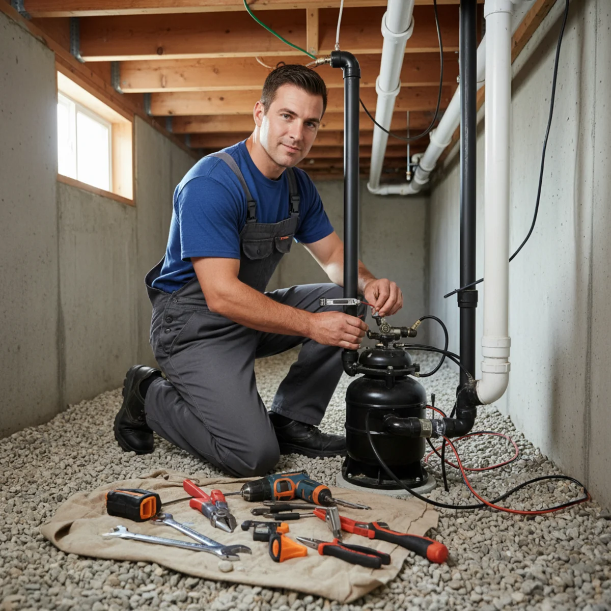 Plumber repairing sump pump in Moreno Valley, CA crawl space