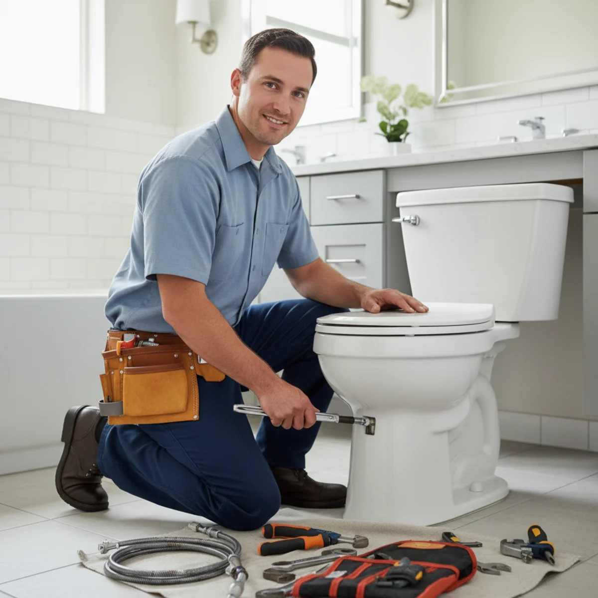 Plumber installing a new toilet in a Moreno Valley, CA bathroom