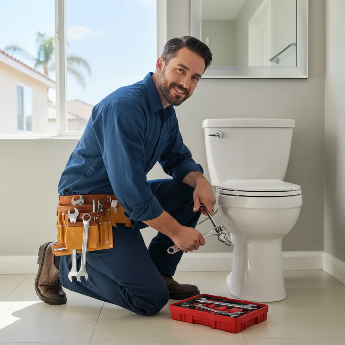 Plumber repairing a toilet in a Moreno Valley, CA home