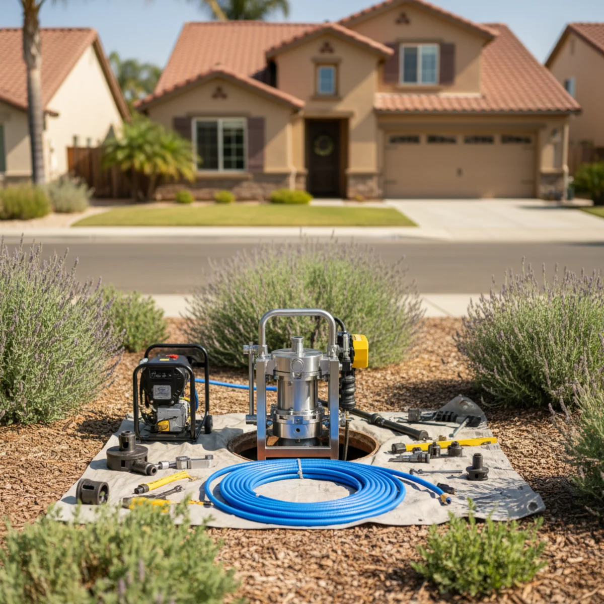 Trenchless sewer repair equipment at a small access pit with landscaping intact at a Moreno Valley, CA home