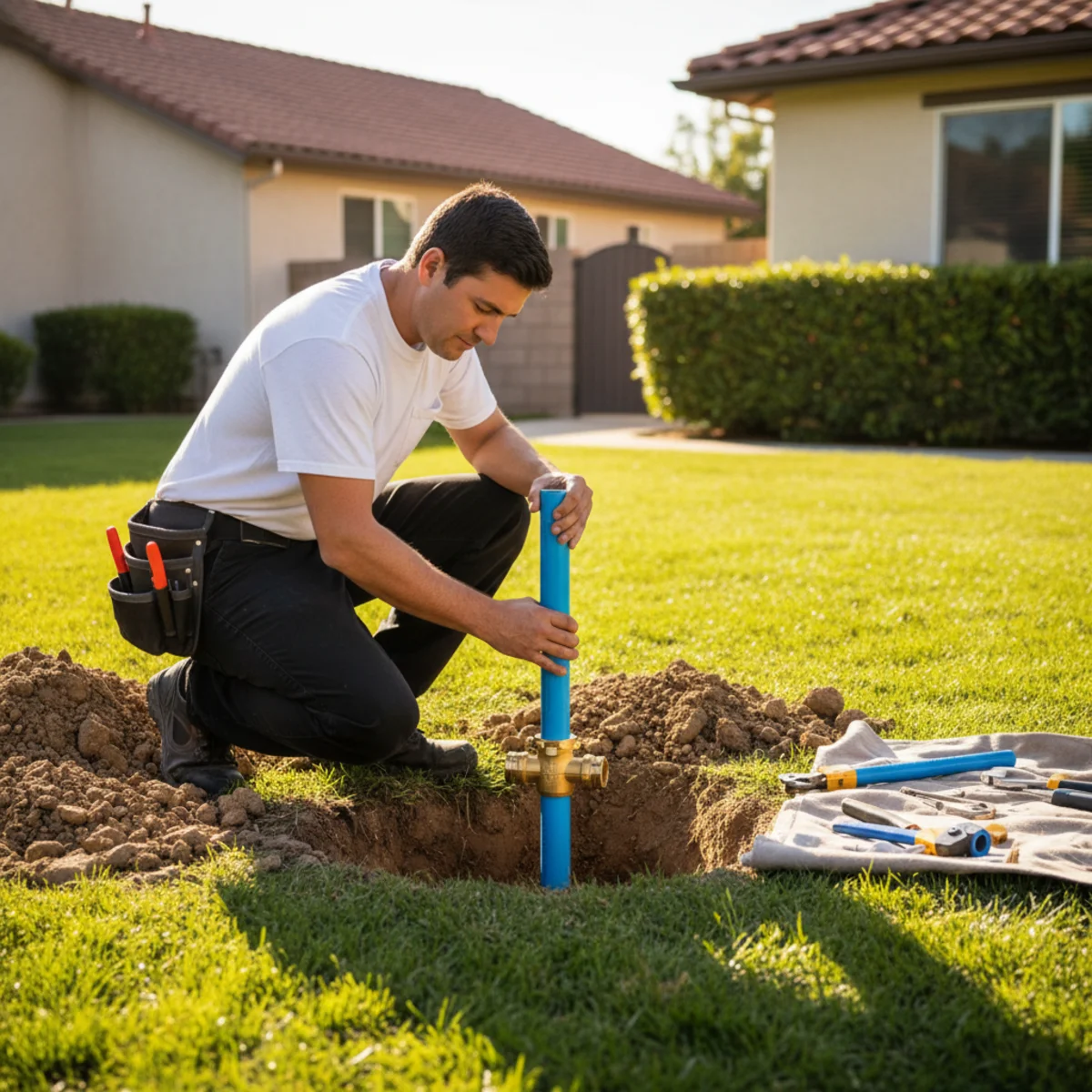 New water line being installed in a Moreno Valley, CA yard