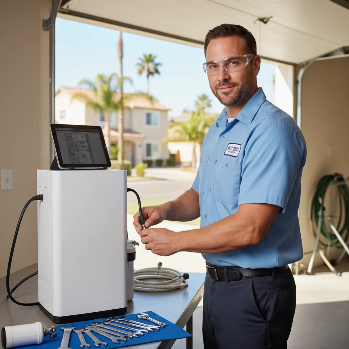 Technician repairing water softener unit in Moreno Valley, CA